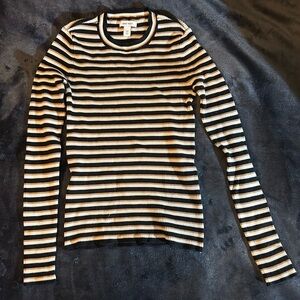 Nine West Ribbed Top with Black, White, and Tan Stripes